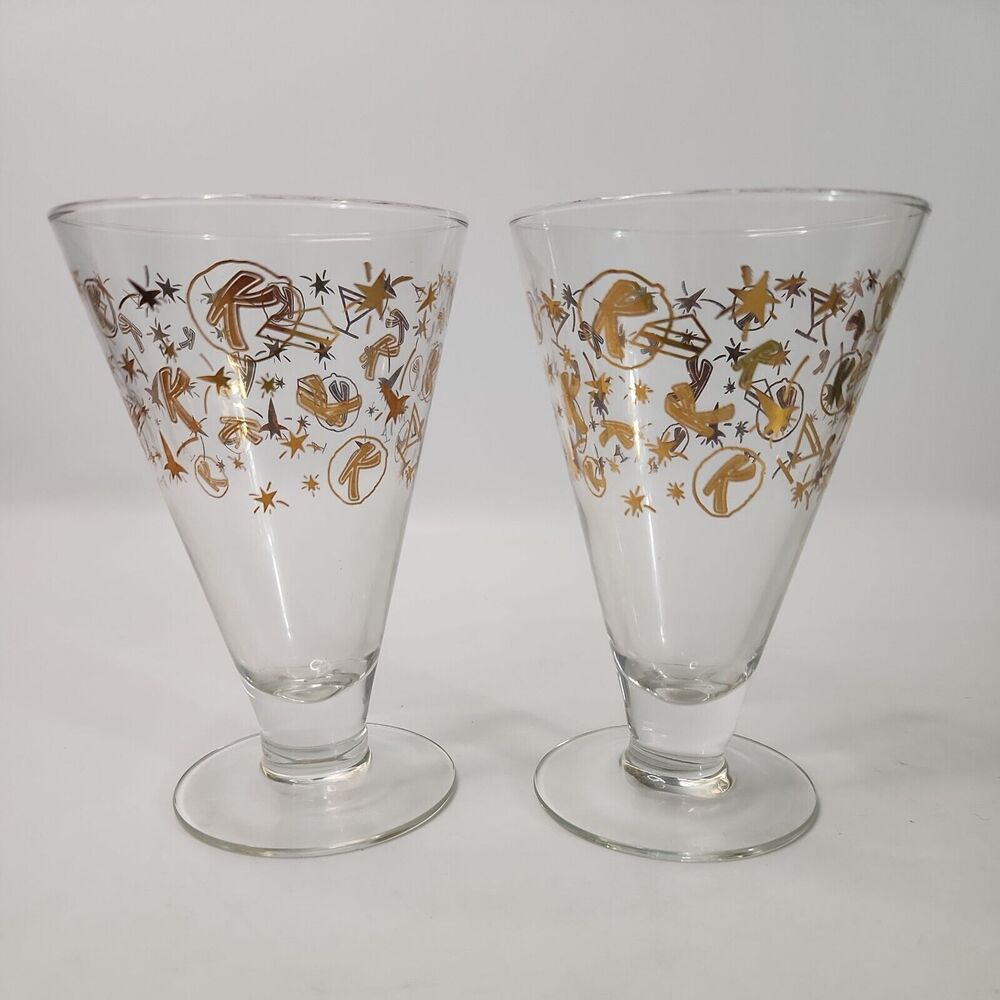 x2 Vintage Kahlua Cocktail Glasses MCM Gold Atomic Star Confetti Retro Barware